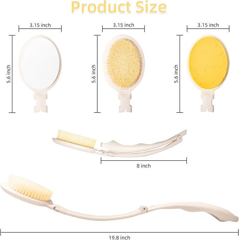LFJ 19" Long Handle Shower Sponge Brush Set, 3 in 1 Body Brush, Bath Sponge and Lotion Applicator Improved Skin Health, Suitable for Men and Women (White Brush-2P) - Image 2